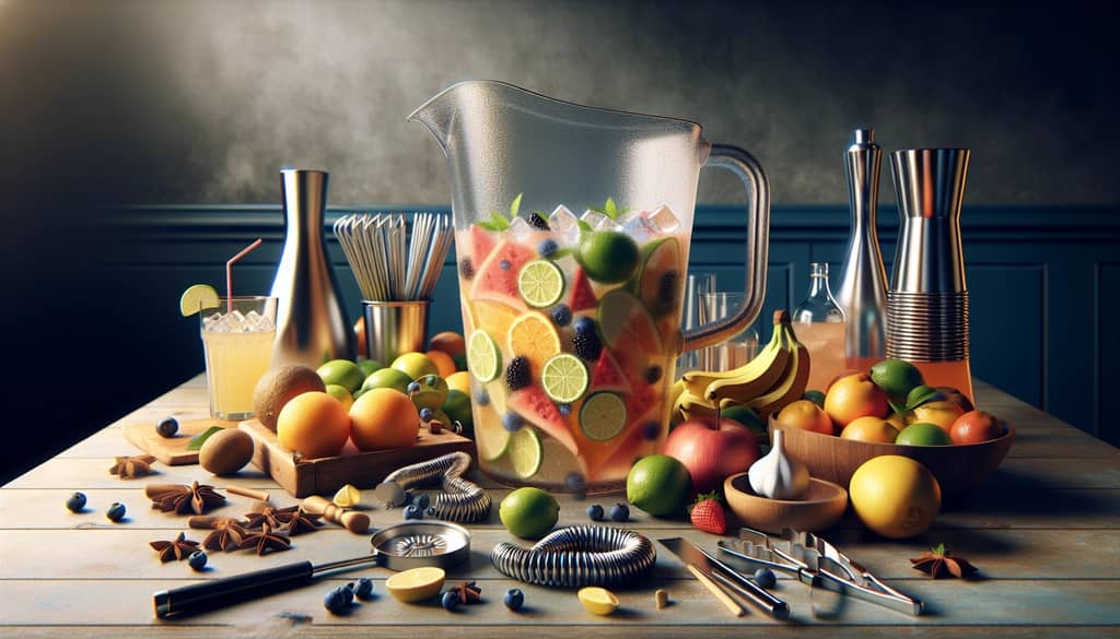 Ingredients and tools for preparing a large batch of cocktails using a pitcher for effortless party serving.