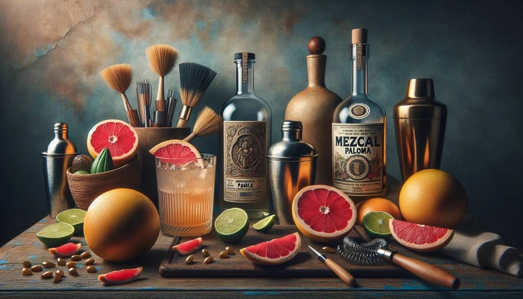 Ingredients and tools laid out for crafting a Mezcal Paloma, featuring mezcal, grapefruit, and a shaker.