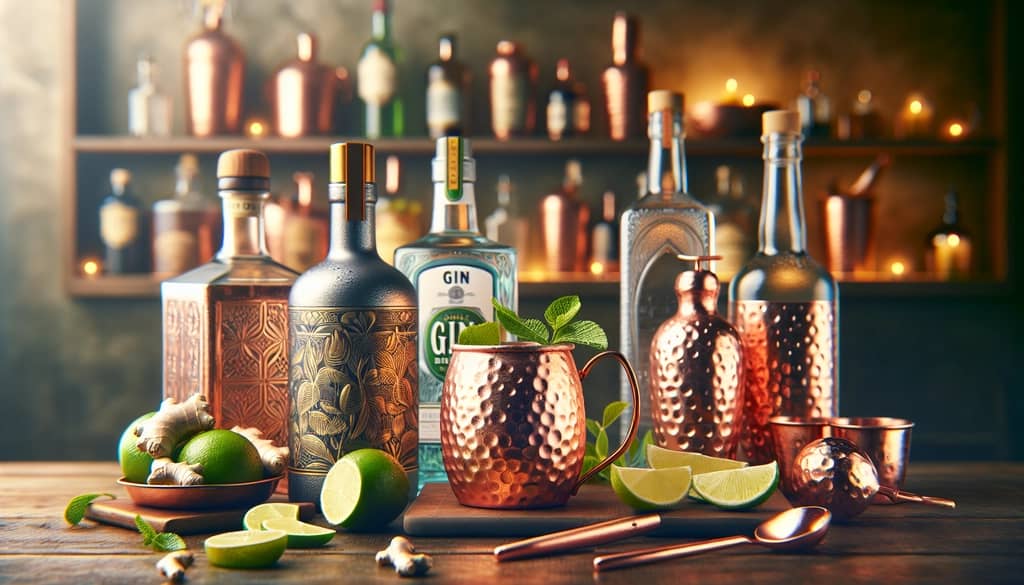 Ingredients and tools laid out for making a Gin Mule, including gin, lime, ginger beer, and a copper mug.