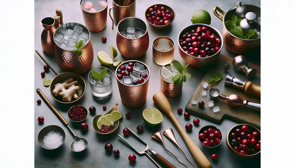 Ingredients and tools neatly arranged for crafting a Cranberry Moscow Mule, ready for mixing