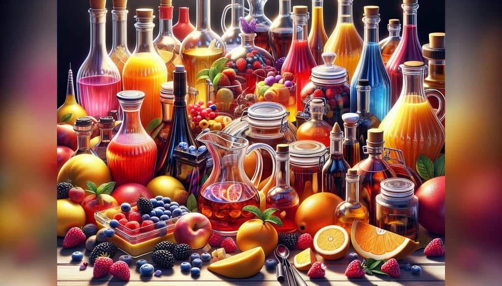 Ingredients commonly used in sweet cocktails, including fruit juices, liqueurs, and syrups