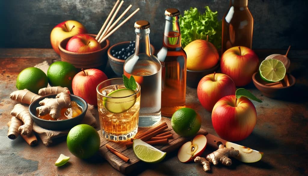 Ingredients displayed for making an Apple Cider Mule, including vodka, apple cider, lime, and ginger beer.