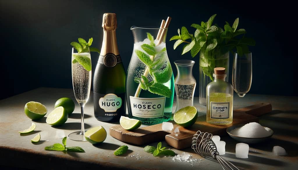 Ingredients for a classic Hugo cocktail including Prosecco, elderflower syrup, mint, lime, and soda