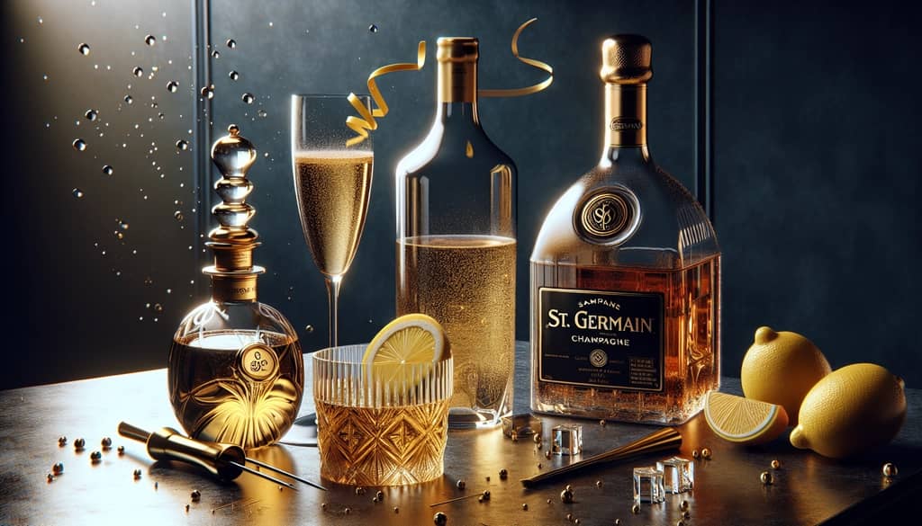 Ingredients for a classic St. Germain champagne cocktail: Champagne, St. Germain liqueur, and lemon twist garnish