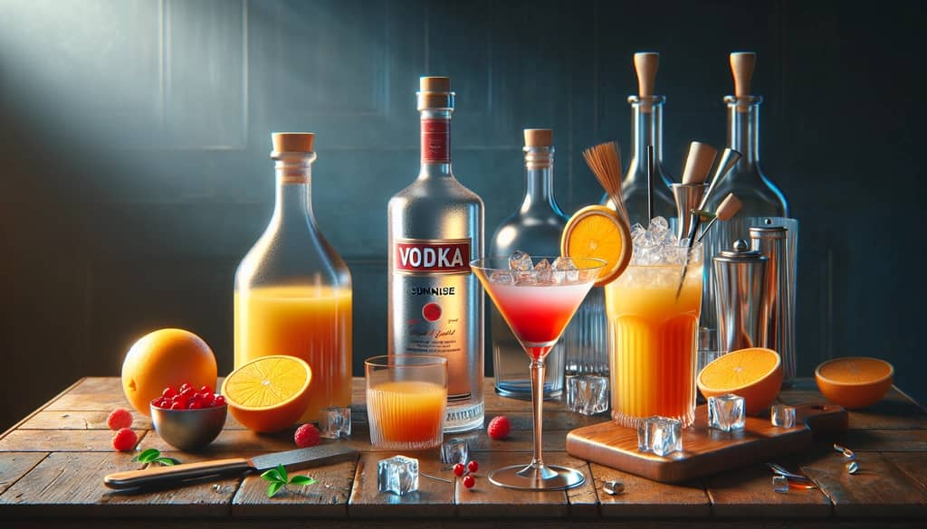 Ingredients for a classic Vodka Sunrise cocktail placed on a wooden table