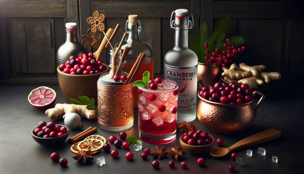 Ingredients for a Cranberry Moscow Mule, including vodka, ginger beer, and cranberry juice, laid out beside a holiday-themed cocktail.