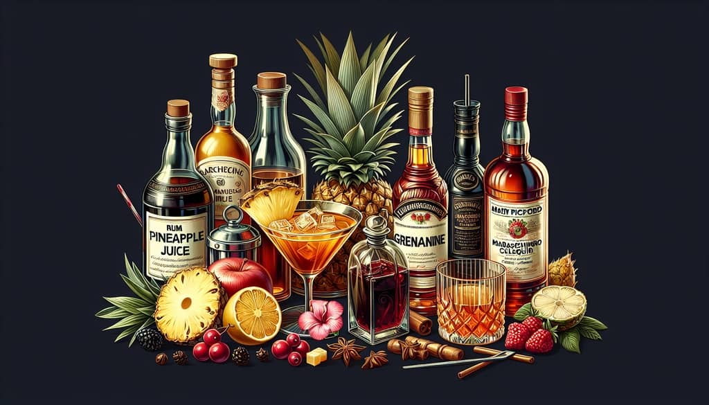 Ingredients for a Mary Pickford cocktail including rum, pineapple juice, grenadine, and maraschino liqueur