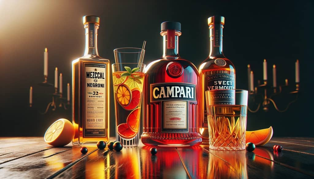 Ingredients for a Mezcal Negroni including mezcal, Campari, and sweet vermouth.