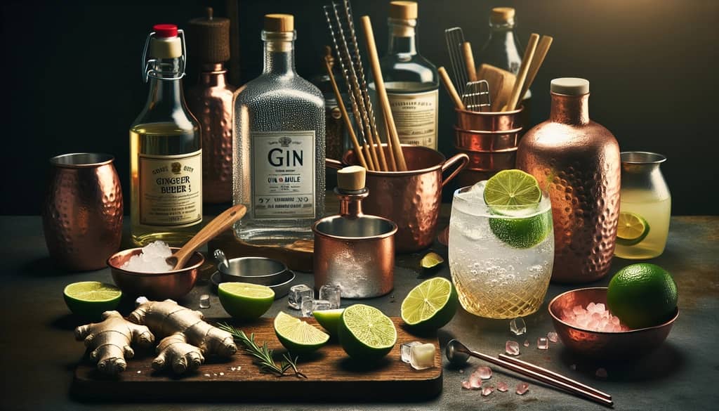Ingredients for a perfect Gin Mule including gin, ginger beer, and fresh lime