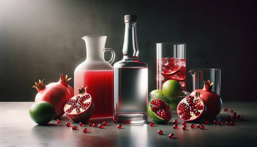 Ingredients for a Pomegranate Cosmo including pomegranate juice, vodka, and lime laid out ready for cocktail preparation