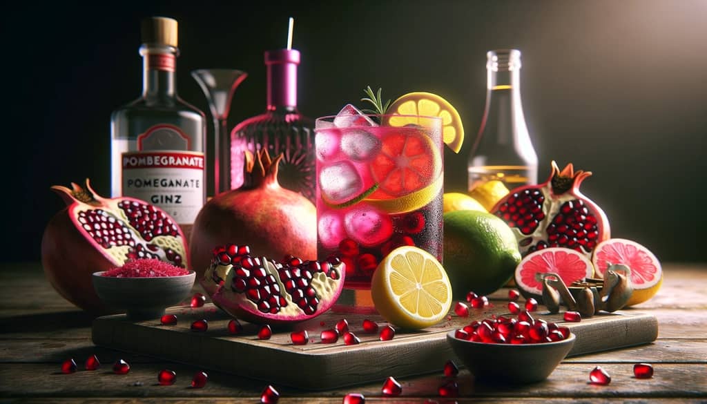 Ingredients for a Pomegranate Gin Fizz including pomegranate juice, gin, and lemon showing the drink's vibrant composition