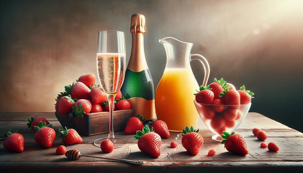 Ingredients for a Strawberry Mimosa including fresh strawberries, champagne, and orange juice