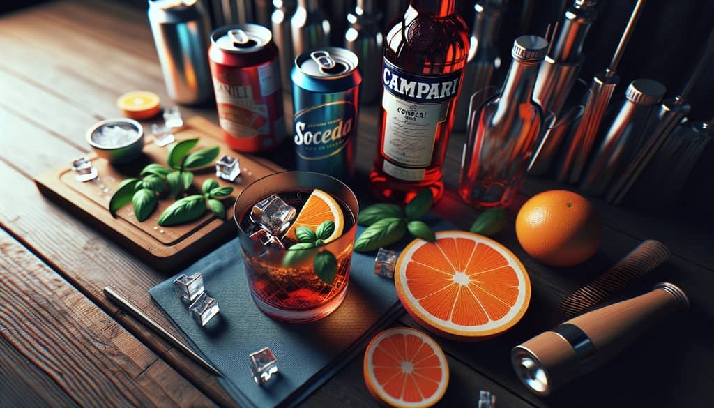 Ingredients for a traditional Campari and Soda neatly arranged, showcasing Campari, soda water, and a fresh orange slice.