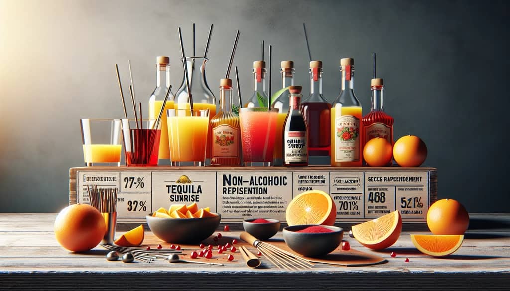 Ingredients for a traditional Tequila Sunrise including orange juice and grenadine syrup, ready to be transformed into a virgin delight.