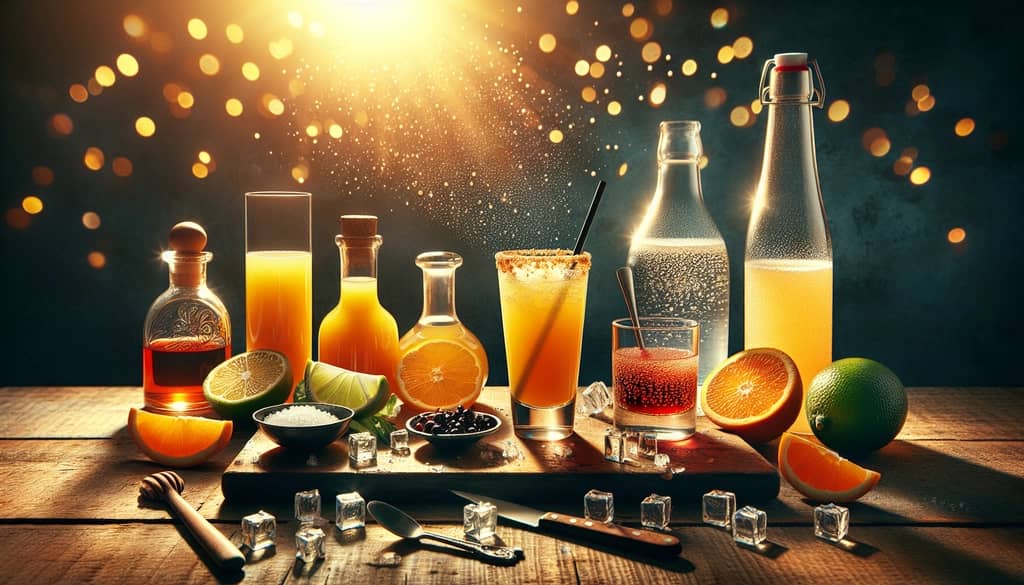 Ingredients for a Virgin Tequila Sunrise including orange juice, grenadine syrup, and sparkling water