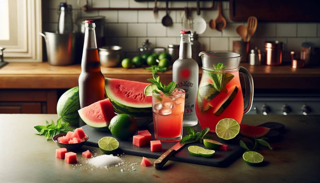 Ingredients for a watermelon mule including watermelon juice, vodka, ginger beer, lime, and garnishes laid out on a kitchen counter.