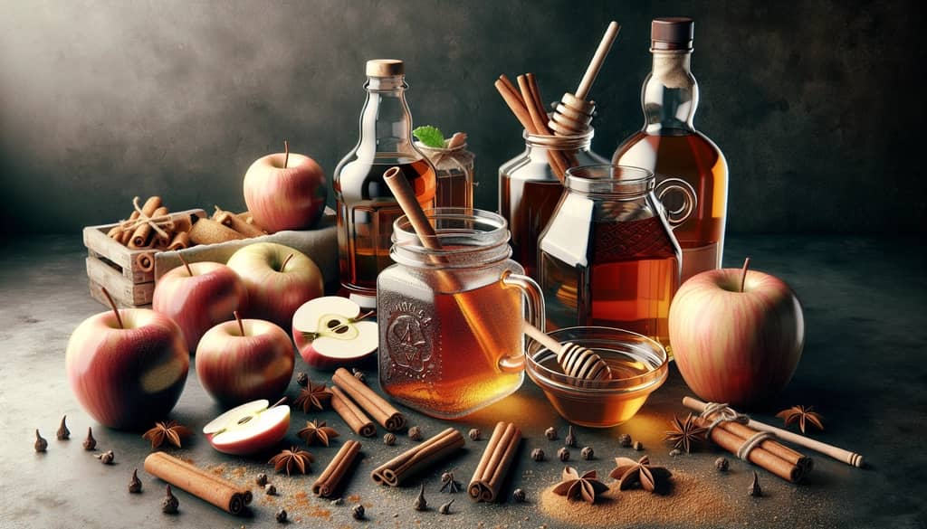 Ingredients for an Apple Cider Hot Toddy, including apple cider, whiskey, honey, and spices, ready for mixing.