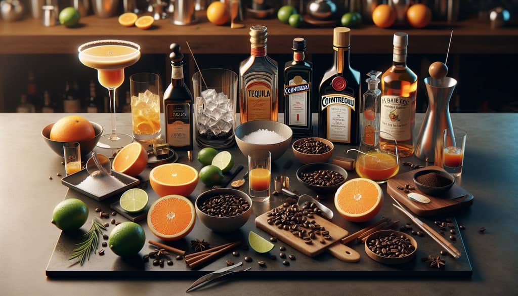 Ingredients for an Espresso Orange Margarita including tequila, espresso, Cointreau, lime juice, and garnish items.