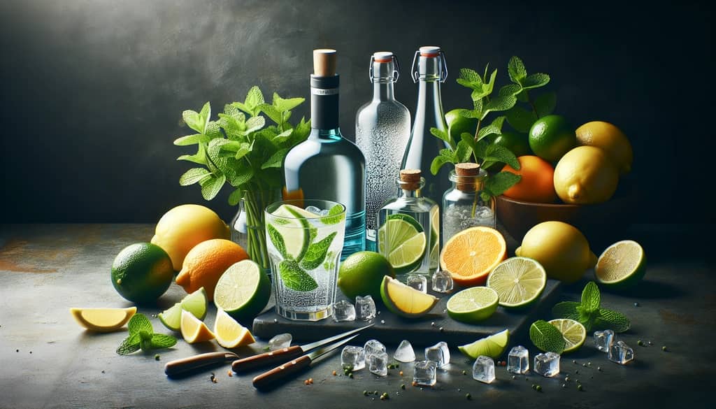 Ingredients for crafting a Southside Fizz, showcasing gin, citrus, mint, and club soda for creating the perfect cocktail balance.
