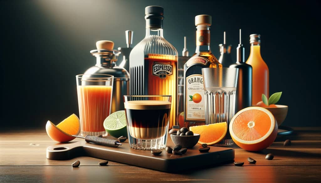 Ingredients for crafting an Espresso Orange Margarita, including tequila, espresso, and orange liqueur