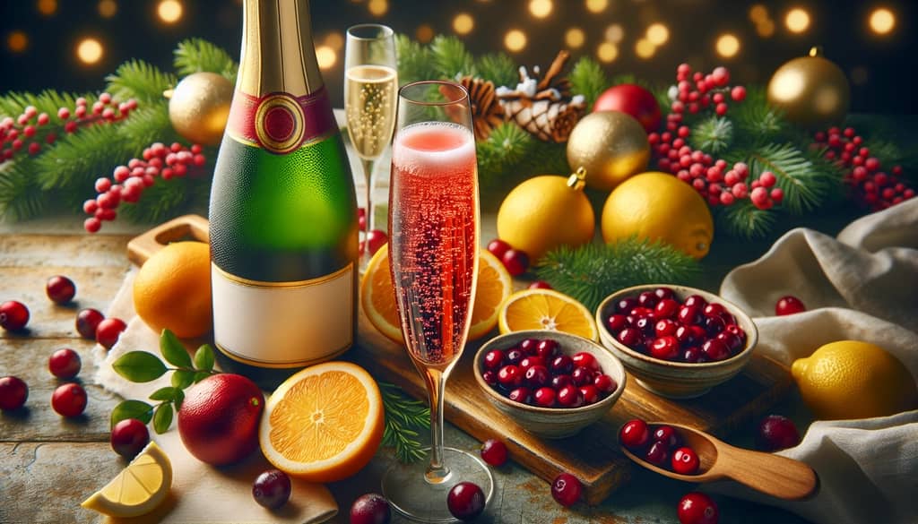 Ingredients for making a classic holiday cranberry mimosa, including sparkling wine, cranberry juice, and citrus garnishes.