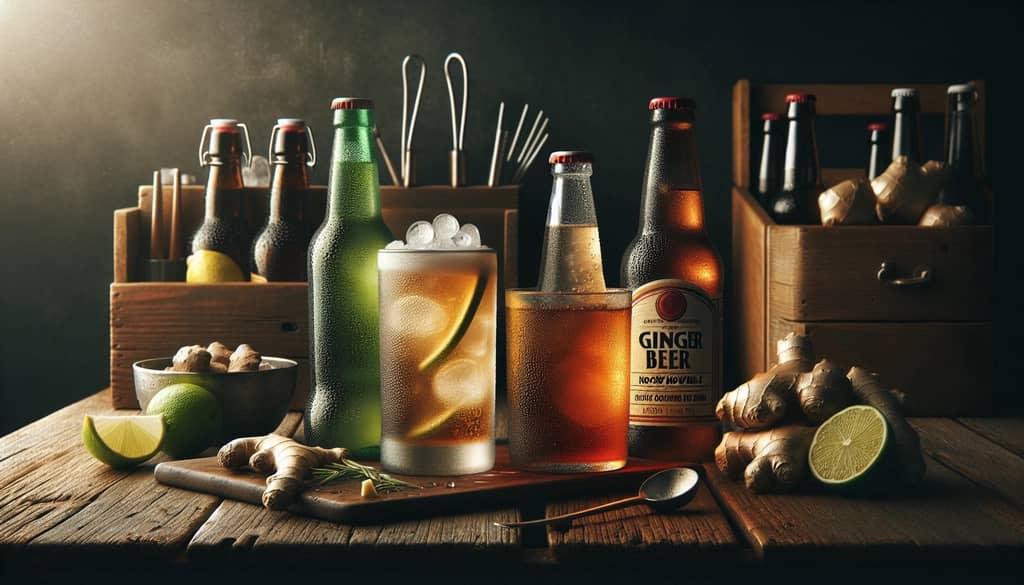 Ingredients for making a non-alcoholic Moscow Mule, featuring ginger ale and ginger beer