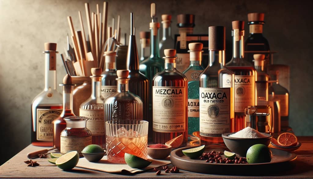Ingredients for making a Oaxaca Old Fashioned, including mezcal, tequila, agave syrup, and bitters