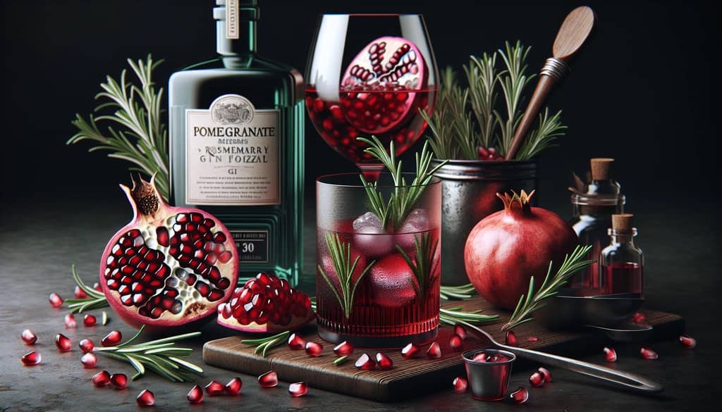 Ingredients for making a Pomegranate Rosemary Gin Fizz, including gin, pomegranate juice, and fresh rosemary