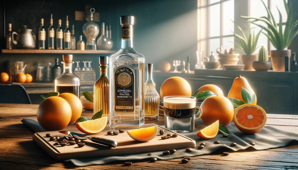 Ingredients for making an Espresso Orange Margarita, including tequila, espresso, and orange liqueur