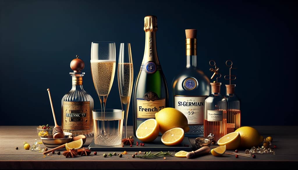 Ingredients for making French 77 cocktail, including Champagne, St-Germain, lemon juice, and gin displayed elegantly.