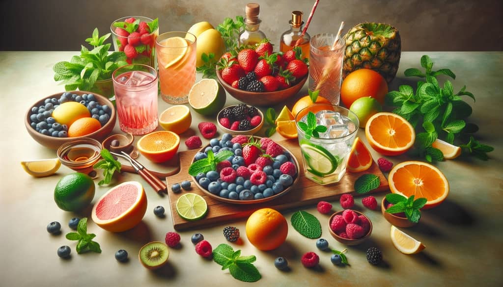 Ingredients for summer cocktails, such as citrus, berries, and mint, arranged on a table
