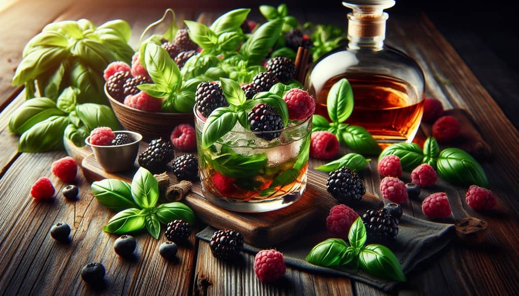Ingredients for the Blackberry Basil Bourbon Smash featuring fresh basil and blackberries.