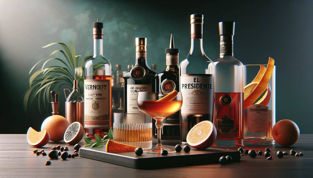 Ingredients for the El Presidente cocktail including light rum, vermouth, orange curaçao, grenadine, and an orange peel for garnish.