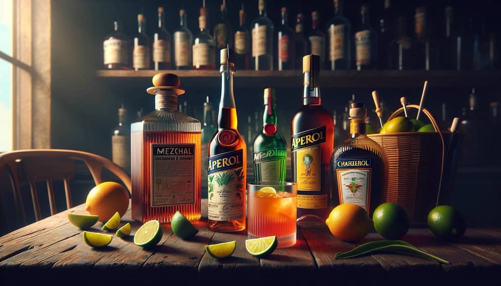 Ingredients for the Naked and Famous cocktail, showcasing mezcal, Aperol, yellow Chartreuse, and fresh lime juice.
