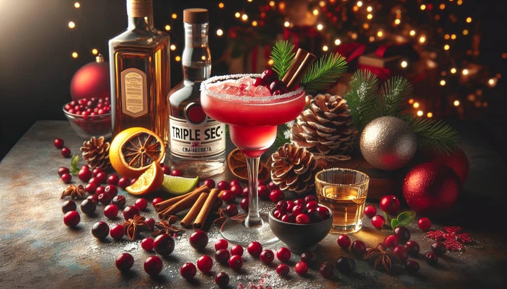 Ingredients including tequila, triple sec, and cranberry juice laid out for making a Christmas Cranberry Margarita.