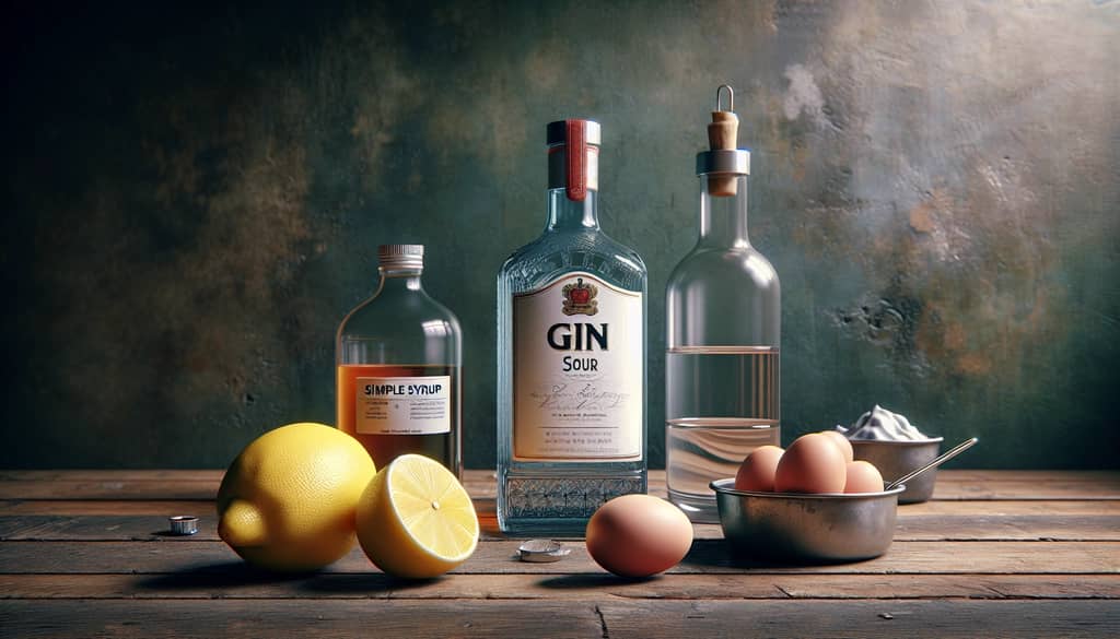 Ingredients laid out for crafting a classic Gin Sour, including gin, lemon, simple syrup, and an egg