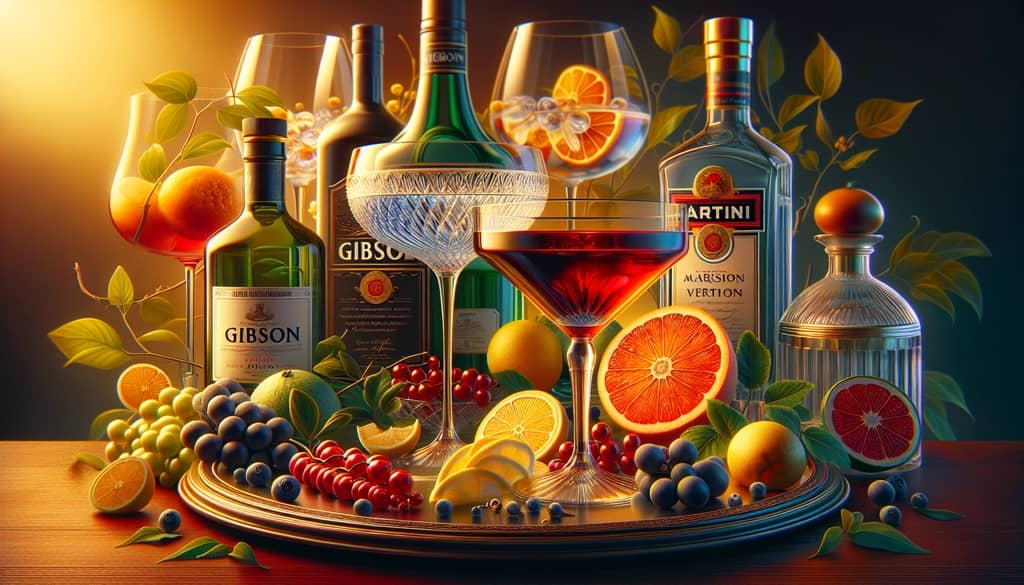 Ingredients layout for both Gibson and Martini cocktails highlighting the gin, vermouth, and respective garnishes.