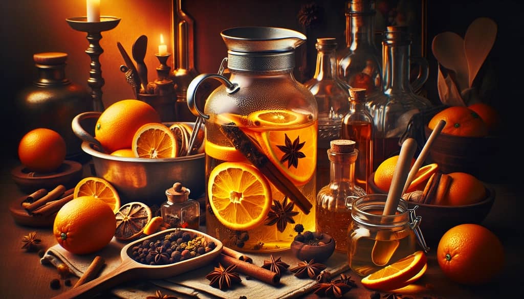 Ingredients like orange peels and spices steeping to create orange bitters