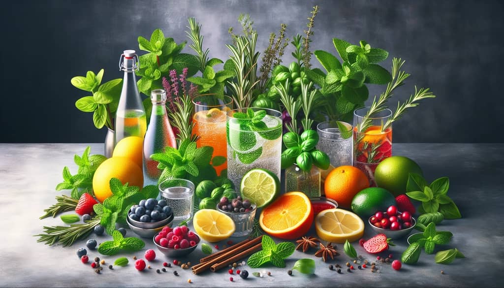 Ingredients like sparkling water, fresh herbs, and fruit juices, ideal for crafting special diet cocktails.
