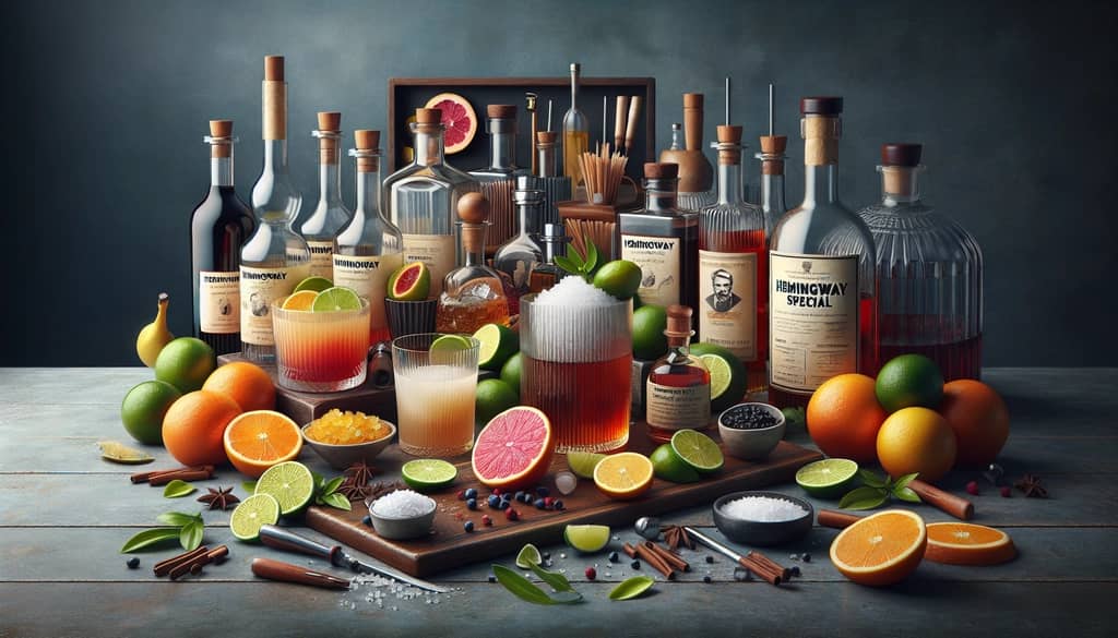 Ingredients neatly arranged for preparing the Hemingway Special, showcasing the blend of citrus and rum.
