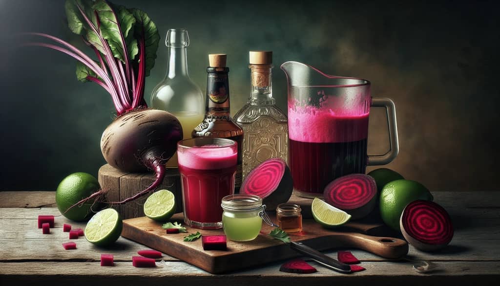 Ingredients needed for a Beet Juice Margarita including tequila, beet juice, lime, and agave syrup