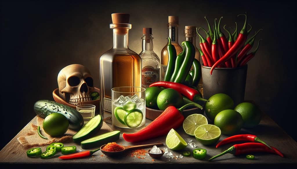 Ingredients needed for making a Cucumber Jalapeño Margarita, including tequila, lime, and jalapeños