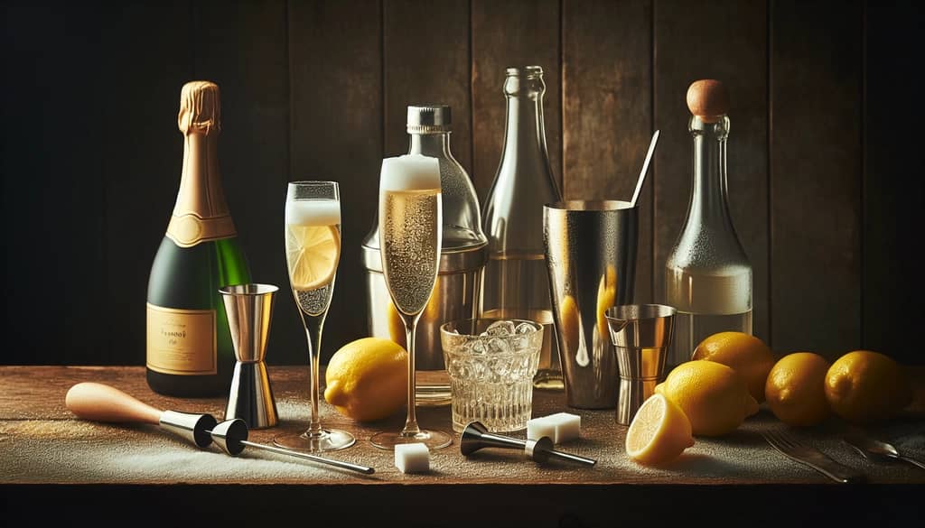 Ingredients of a classic French 76 prepared for a cocktail crafting session.
