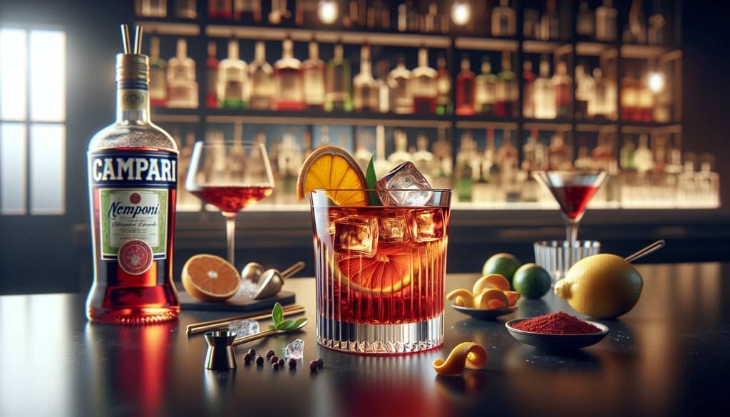 Ingredients of a classic Negroni cocktail, highlighting the Campari component