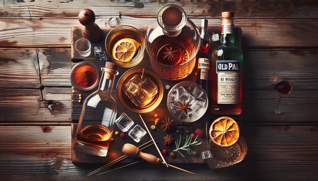 Ingredients of an Old Pal cocktail on a wooden board, showcasing rye whiskey, dry vermouth, and Campari.