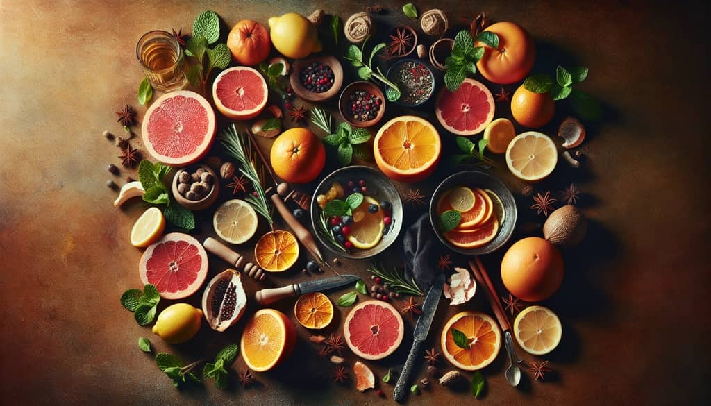 Ingredients set for crafting your own low-calorie cocktail, including citrus and herbs