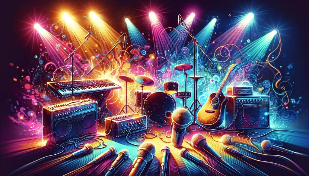 Instruments and sound waves visually representing The Naked and Famous' unique blend of indie pop and electronic sounds in 'Young Blood.'