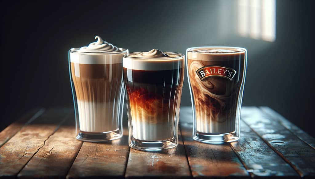 glass mugs of irish coffee variations with cream
