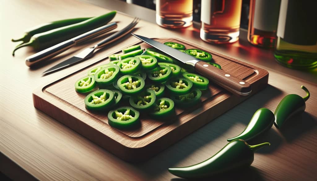 jalapeno slices and cocktail knife on wood board