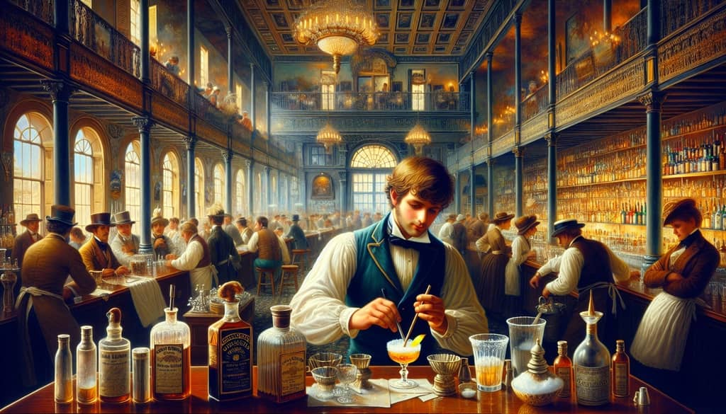 Joseph Santini crafting the Brandy Crusta at the City Exchange in 19th century New Orleans